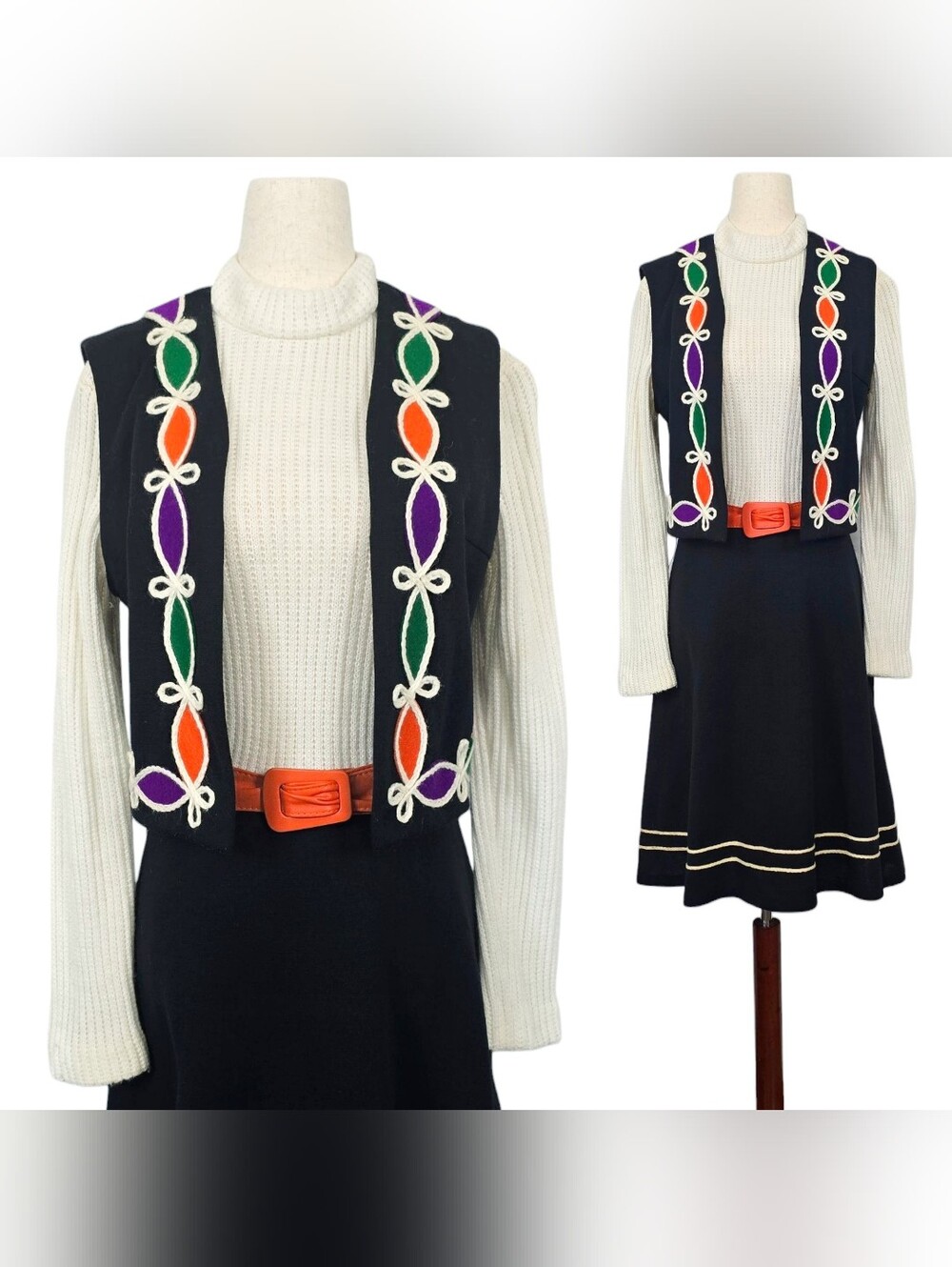 1960s Vintage Folk Dress Vest Belt Set 60s Black Knit Orange Green Purple Small